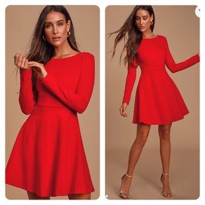 NWOT Lulus Forever Chic Red Long Sleeve Dress Skater Size S